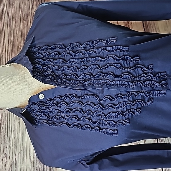 NEW RALPH LAUREN SPORT NAVY BLUE RUFFLE FRONT BUTTON-UP BLOUSE - Picture 2 of 14